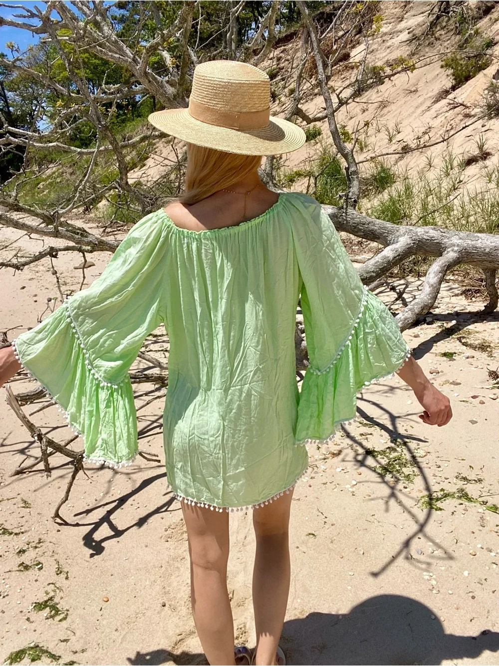 BOHO Lime Green Off-Shoulder Pom Pom Beach Cover-Up! 🐚